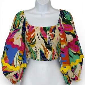 Palms Away Smocked Cropped Top Puff Sleeves Colorful Floral Boho Size Small NWT